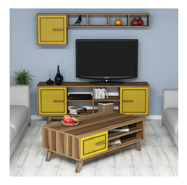 Sestava nábytku do obývacího pokoje Aysha (ořech + žlutá)