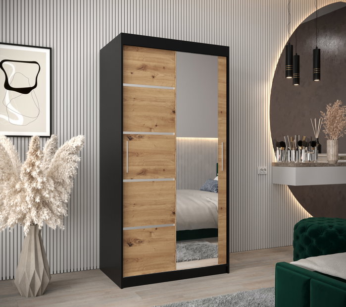 Šatní skříň 100 cm se zrcadlem Verika 2 100 (černá + dub artisan)