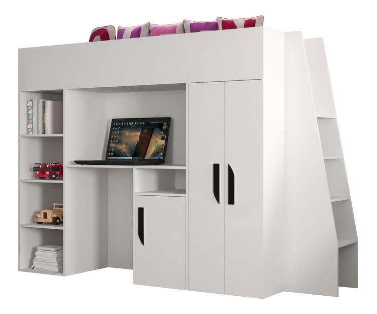 Dětská kombinovaná postel 90 cm Puro 15 (matná bílá + bílý lesk + černé úchytky)