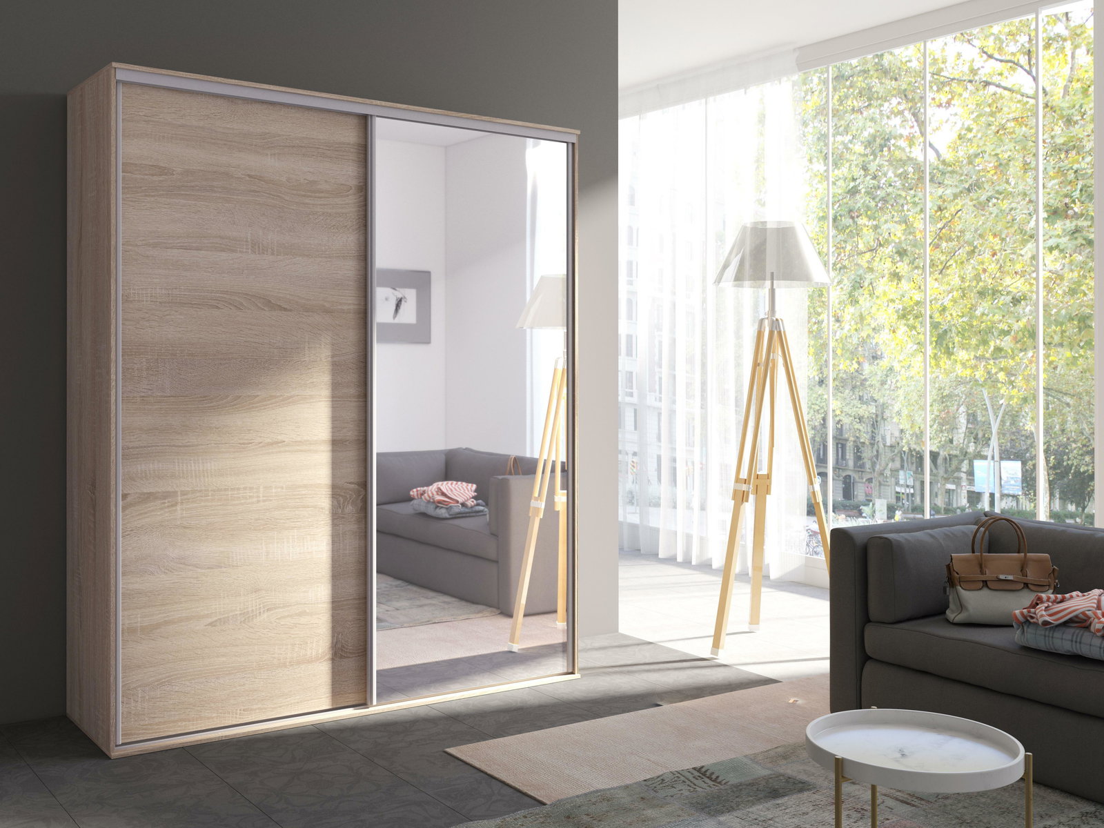 Šatní skříň s posuvnými dveřmi Gantera 1 B (dub sonoma) (se zrcadlem)