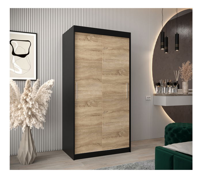 Šatní skříň 100 cm Toki (Černá matná + Dub sonoma)