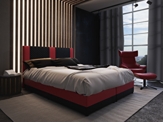 Boxspring postel 140 cm Pecos Comfort (ekokůže + černá + červená) (s matrací a úložným prostorem)