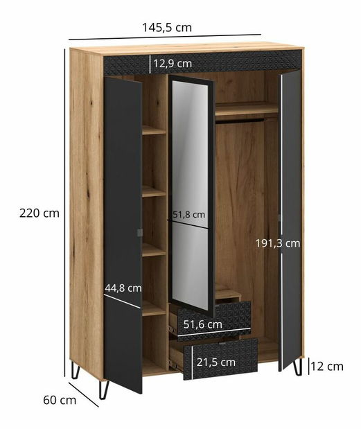 Šatní skříň Botones 2 (dub evoke + černá) (se zrcadlem)