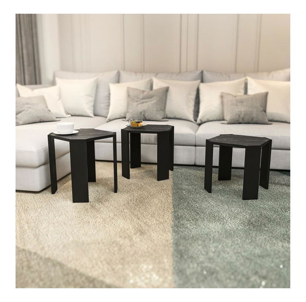 Set 3 konferenčních stolků Lorizolla (mramor černý + černá)