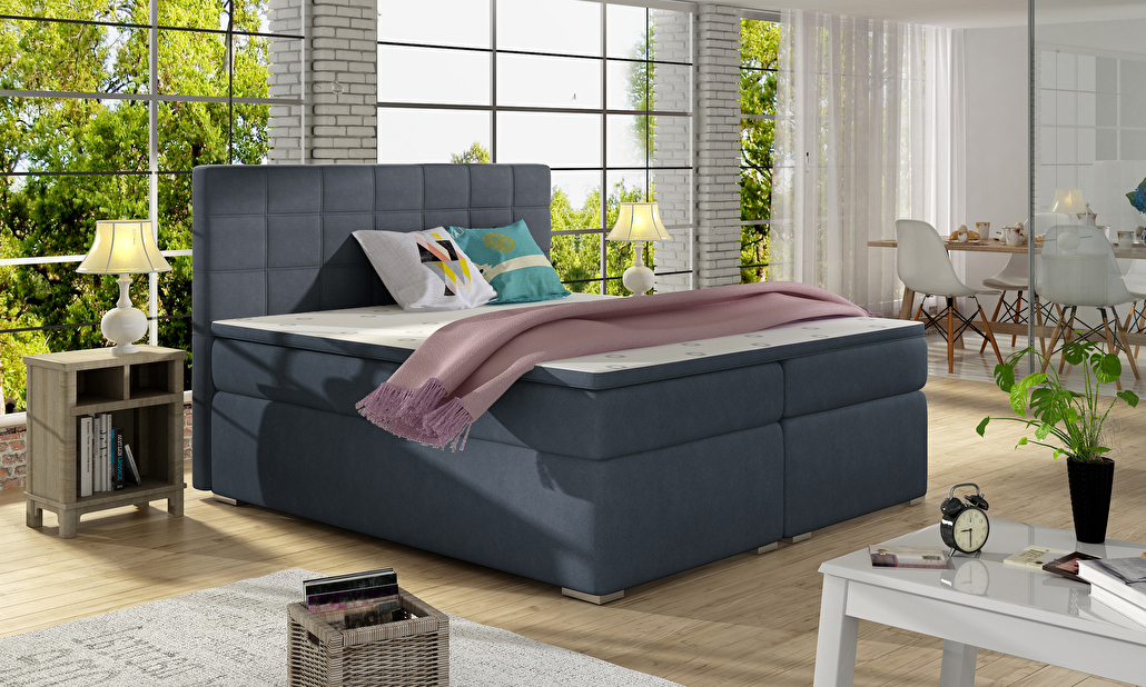 Boxspring postel 140 cm Abbie (modrá) (s matracemi)