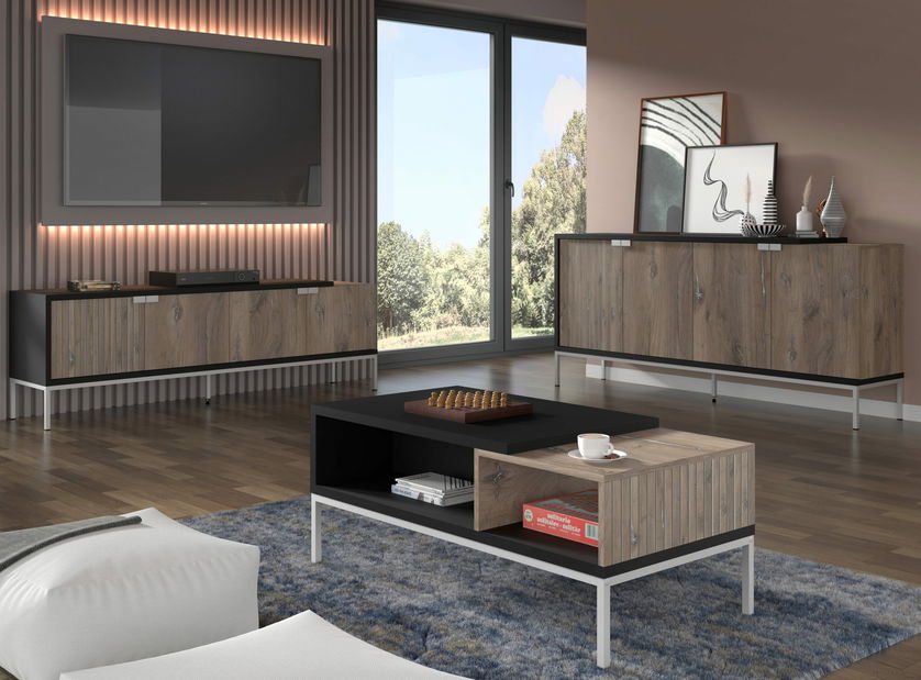 Skříňka 190 4D Toleo (dub flasgstaff + černá + stříbrná)