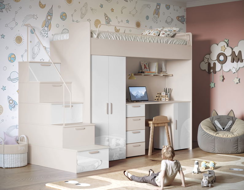 Dětská postel Ruby IV S (kašmír + lesk bílý) (s rošty)