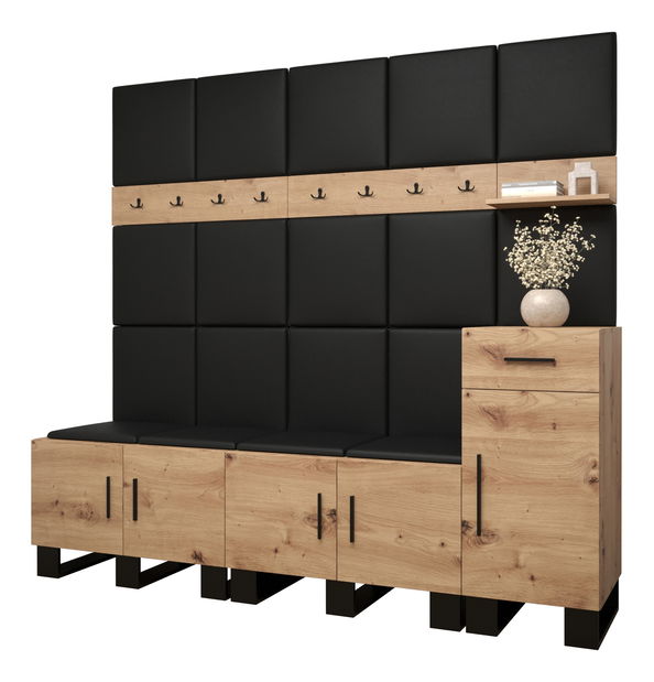 Předsíňová sestava Amanda 8 (dub artisan + černá ekokůže)