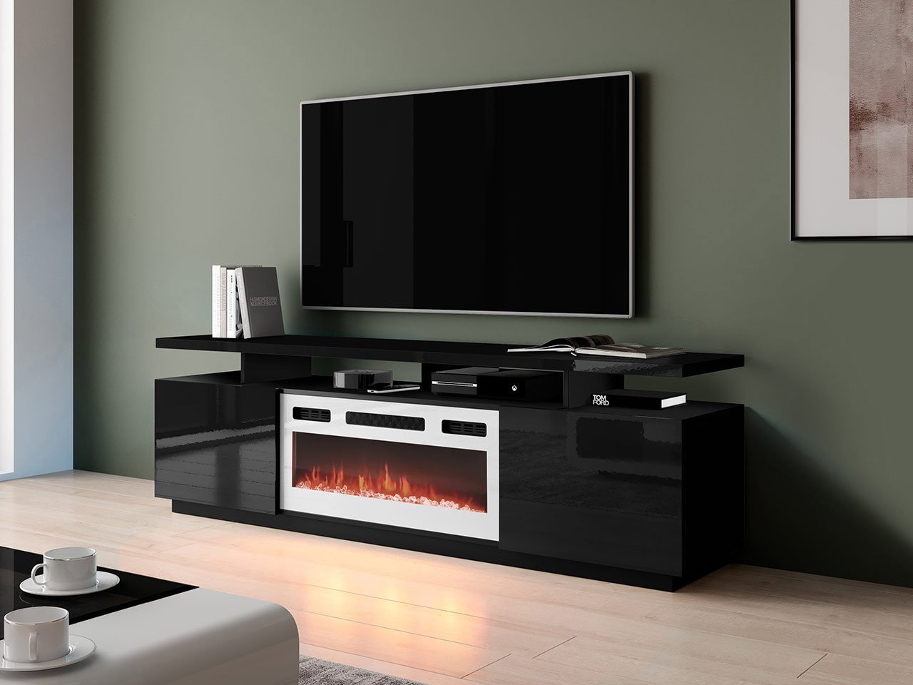 TV skříňka s krbem Anaceta (bílá + černá + lesk černý)