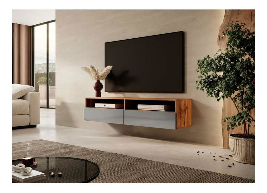 TV skříňka/stolek Redcan 140 (s osvětlením) (dub wotan + šedá)