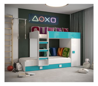 Dětská kombinovaná postel 90 cm Toreno 2 (bílá + bílý lesk + tyrkysový lesk)