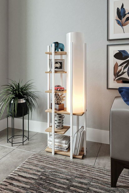 Stojanová lampa s policemi Derotessa 2 (bílá + přírodní)