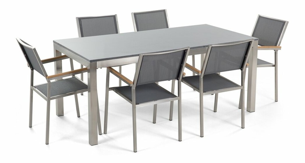 Zahradní jídelní sada Grosso (šedá + tmavě šedá) (šedé židle) (vcelku) (pro 6 osob) (žula)