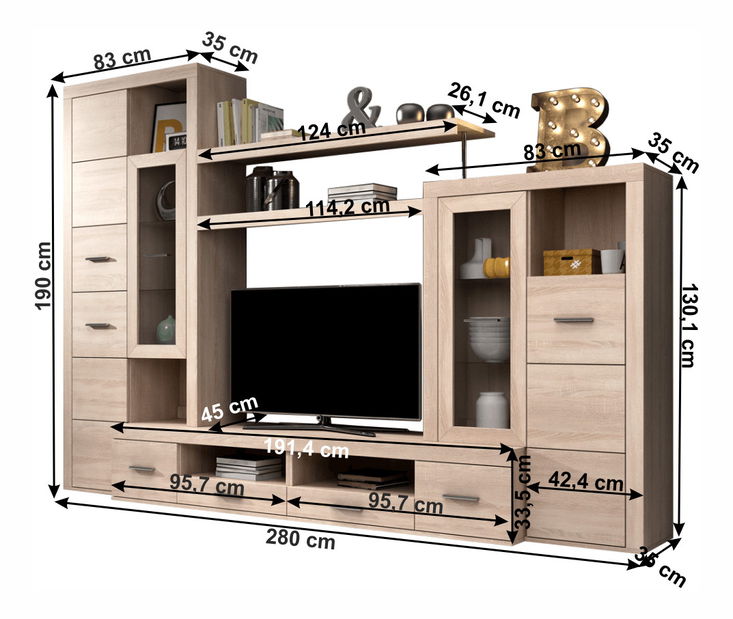 Obývací stěna 280 cm Atlanta ( s LED osvětlením) (dub sonoma)