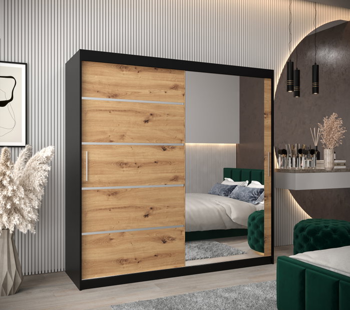 Šatní skříň 200 cm se zrcadlem Verika 2 200 (černá + dub artisan)
