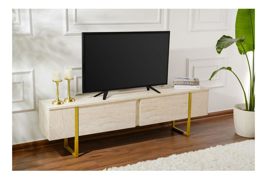TV skříňka Seronitta (travertin + zlatá)