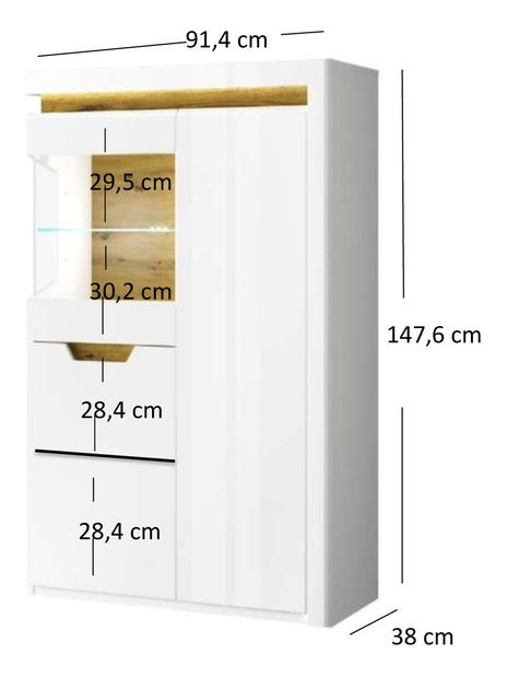 Vitrína Tiera 2d1w (bílá lesklá + dub navarre)