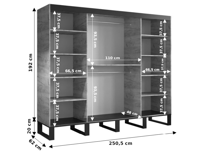 Šatní skříň 250 cm Lennox V4 (dub craft zlatý + černá)