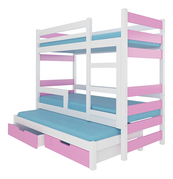 Patrová dětská postel 180x75 cm Karin (s roštem a matrací) (bílá + růžová)