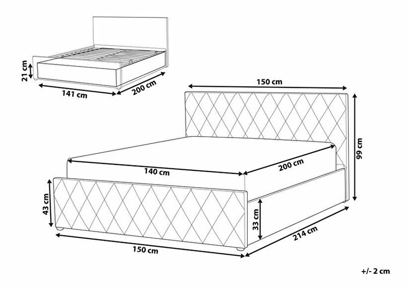 Manželská postel 140 cm ROFARIO (šedá) (samet) (s roštem a úl. prostorem)