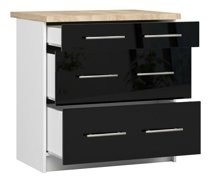 Dolní kuchyňská skříňka Ozara S80 3SZ (bílá + černý lesk)