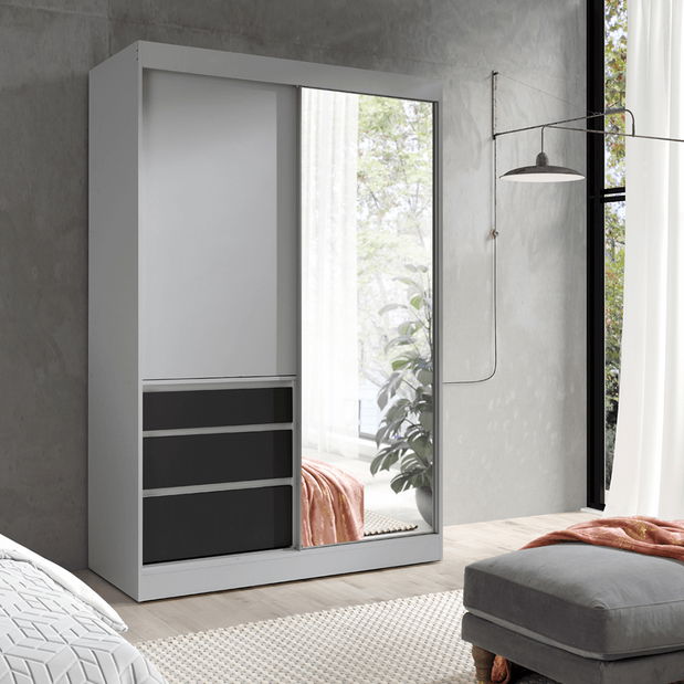 Šatní skříň 140 se zrcadlem Romunald (šedá + černá)