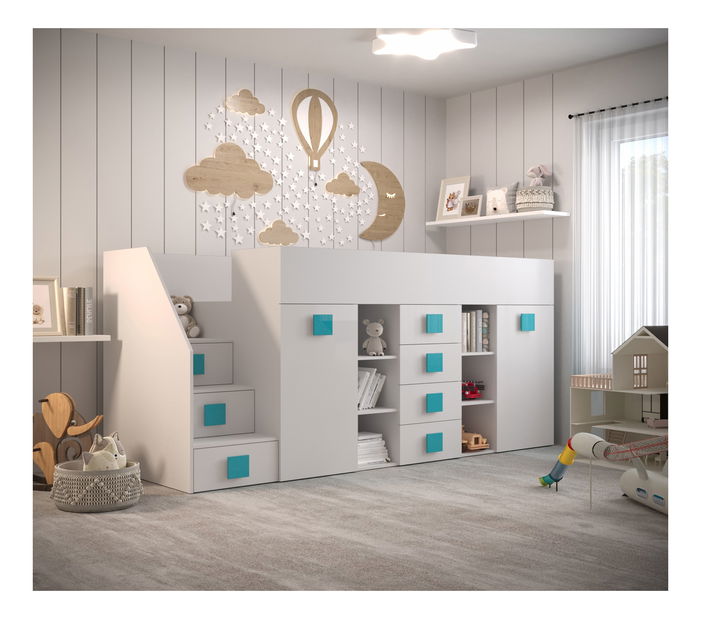 Dětská kombinovaná postel 90 cm Toreno 3 (bílá + bílý lesk + tyrkysová lesklá madla) (L)