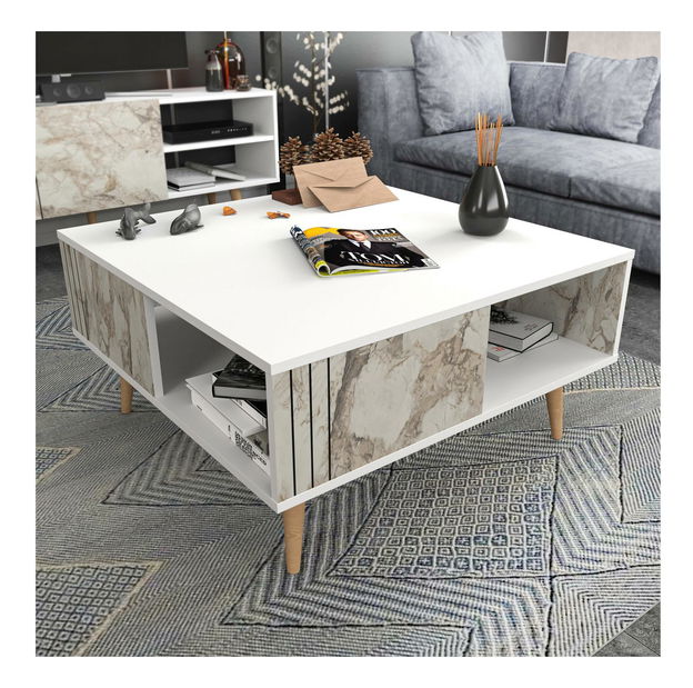 Konferenční stolek Ronasotta 1 (bílá + kámen + dřevo)