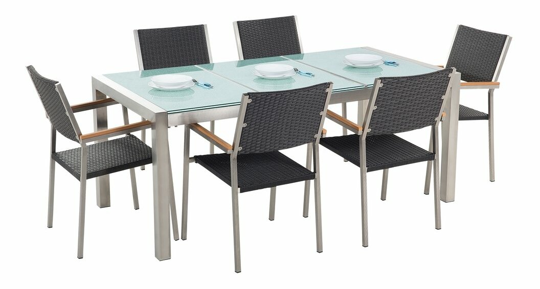 Zahradní jídelní sada Grosso (černá) (skleněná deska 180x90 cm) (ratanové židle) (žula)