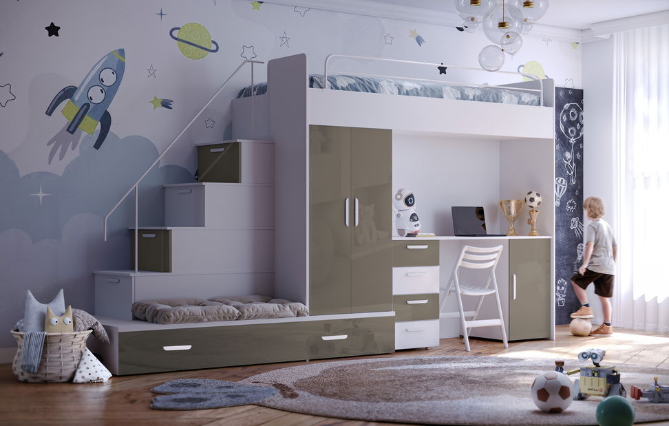 Dětská postel Ruby V (Bílá + Šedá) (s rošty)