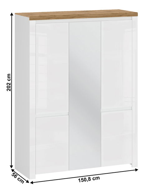 Šatní skříň Vilgi 5D (se zrcadlem) (lesk bílý + dub wotan)