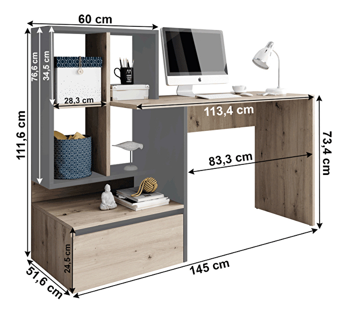 PC stolek Neo (dub artisan + grafit + antracit světlý)