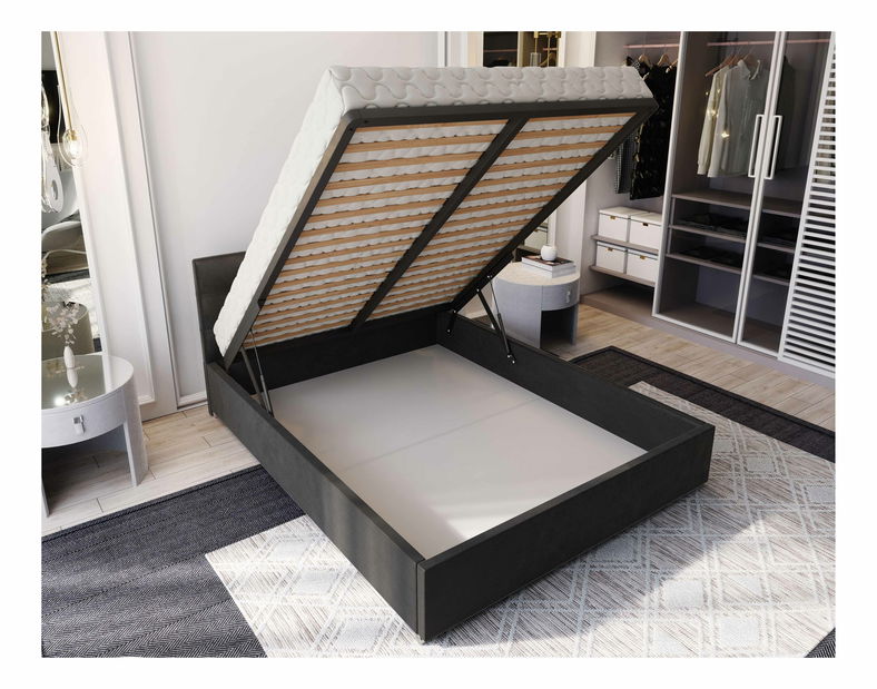 Manželská postel 140 cm Lonnie (černá) (s roštem a úložným prostorem)