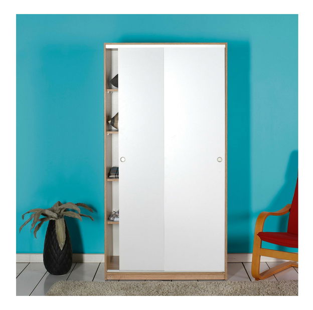 Šatní skříň s posuvnými dveřmi Seworella 1 (lososová bílá + světlé dřevo)