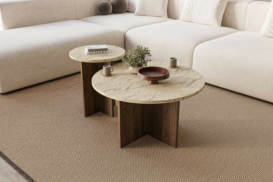 Set 2 ks. konferenčních stolků Priva (travertin + ořech)