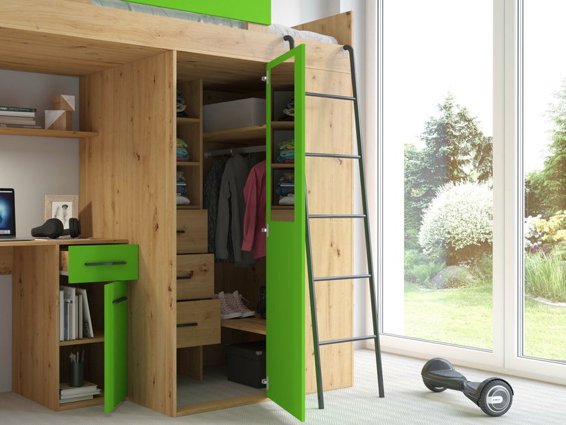 Patrová postel 90 cm Vivian (P) (s roštem) (dub artisan + zelená)