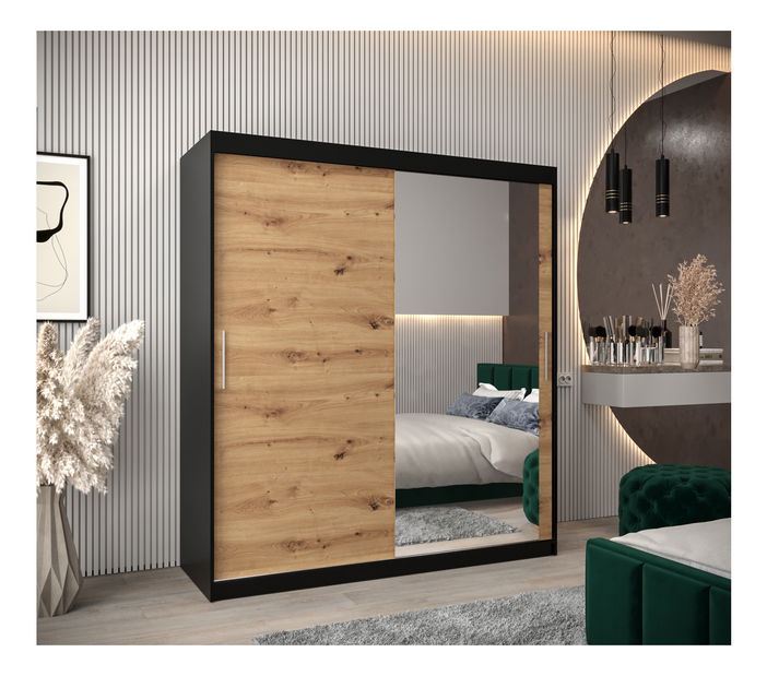 Šatní skříň 180 cm Toki 2 (Černá matná + Dub artisan)