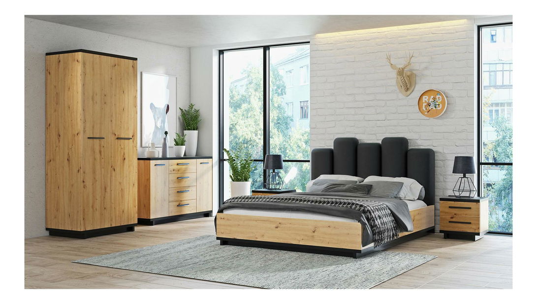 Ložnice Indi 3 (dub artisan + černá matná)