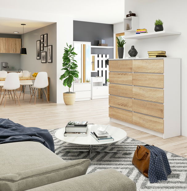 Komoda Keanu V (bílá + dub sonoma)