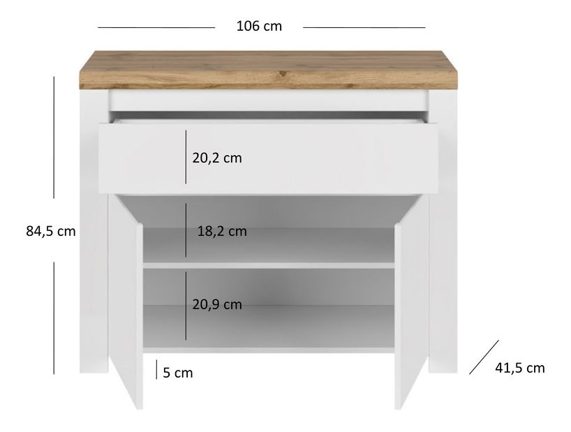 Komoda Vina 2d1s (bílá lesklá + dub wotan)