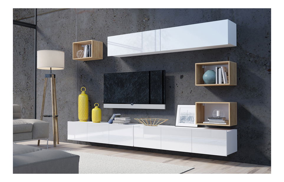 Obývací stěna Calabria C31 WHITE (bílá + dub zlatý) (bez osvětlení)