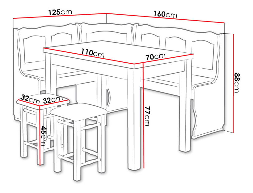 Kuchyňský kout + stůl s židlemi Slater (hnědooranžová + olše)