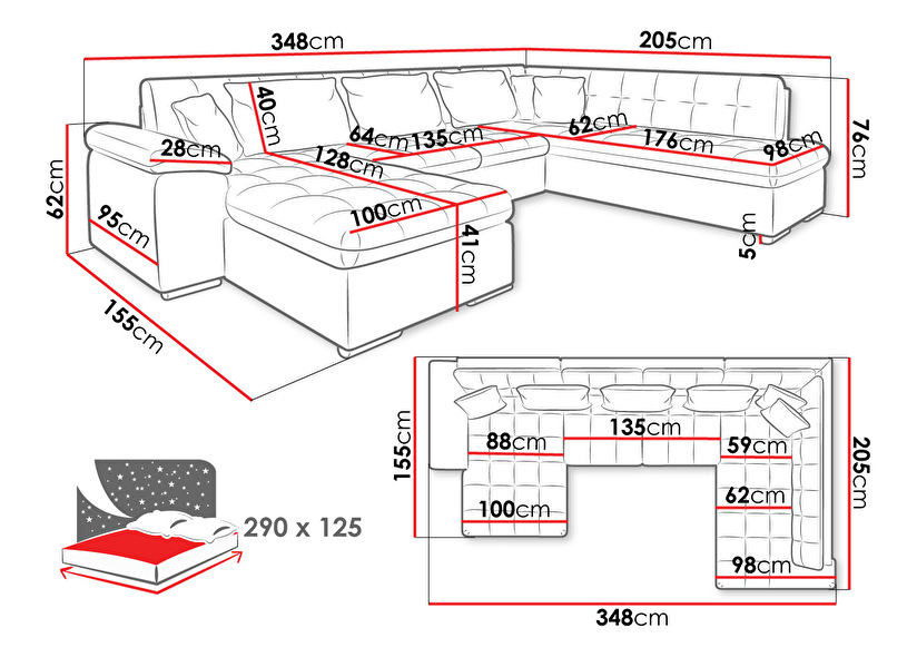 Rohová pohovka Talina s funkcí spaní (Pravá U) (Zetta 296 + Zetta 296 + Zetta 294)