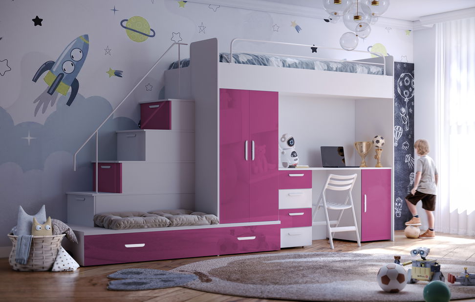 Dětská postel Ruby V (Bílá + Růžová) (s rošty)