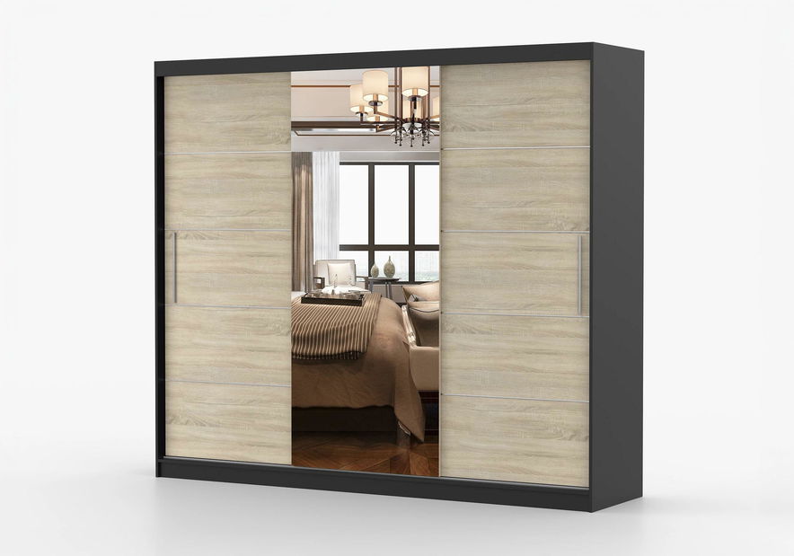 Šatní skříň Arrun (černá + dub sonoma + zrcadlo)