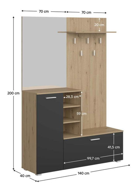 Předsíňová sestava Vetlandi (dub artisan + grafit) (se zrcadlem) *bazar