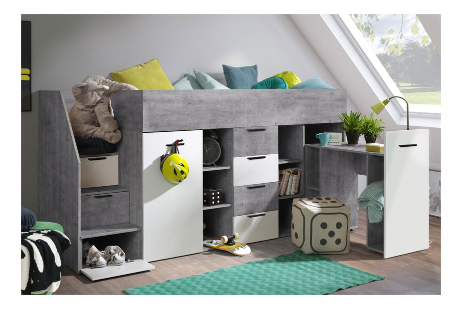 Dětská kombinovaná postel 90 cm Kesa 3 (beton + matná bílá) (L)