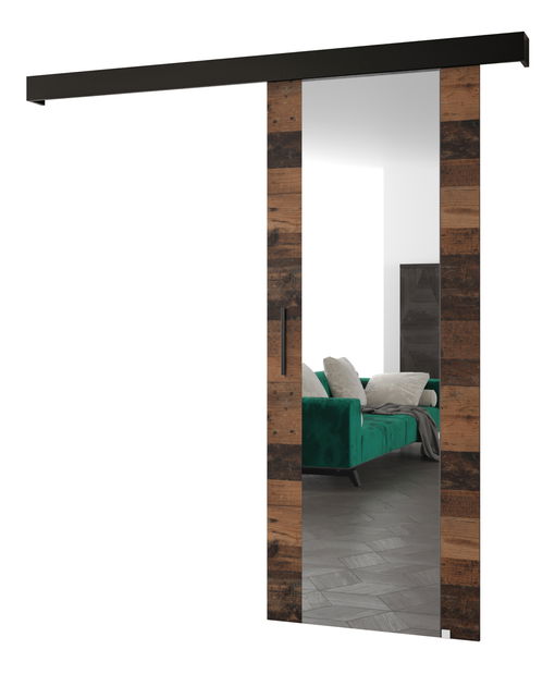 Posuvné dveře 90 cm Sharlene II (dřevo old style + černá matná + černá) (se zrcadlem)