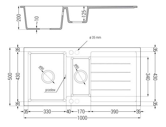 Kuchyňský dřez Yuxur (černá) (bez otvoru pro baterii) (P)
