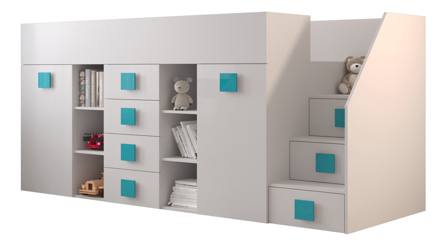 Dětská kombinovaná postel 90 cm Toreno 3 (bílá + bílý lesk + tyrkysová lesklá madla) (P)